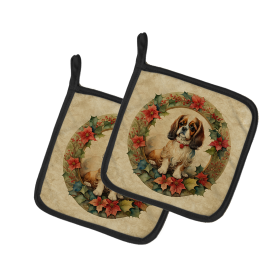 Christmas Flowers Frame Pair of Pot Holders (Design: English Toy Spaniel 2360, size: 7.5HX7.5W)