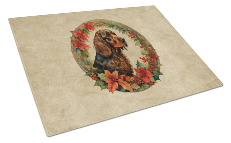 Christmas Flowers Frame Glass Cutting Board (Dog Breed: Field Spaniel 2362, size: large)