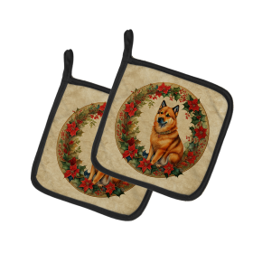 Christmas Flowers Frame Pair of Pot Holders (Design: Finnish Spitz 2364, size: 7.5HX7.5W)