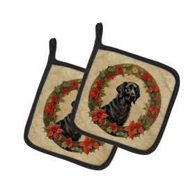 Christmas Flowers Frame Pair of Pot Holders (Design: Flat-Coated Retriever 2365, size: 7.5HX7.5W)