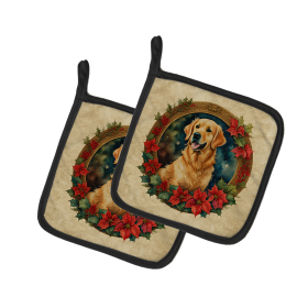 Christmas Flowers Frame Pair of Pot Holders (Design: Golden Retriever 2371, size: 7.5HX7.5W)