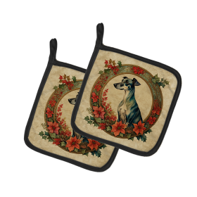 Christmas Flowers Frame Pair of Pot Holders (Design: Greyhound 2374, size: 7.5HX7.5W)