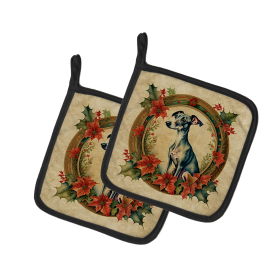 Christmas Flowers Frame Pair of Pot Holders (Design: Italian Greyhound 2380, size: 7.5HX7.5W)
