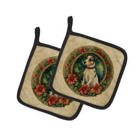 Christmas Flowers Frame Pair of Pot Holders (Design: Jack Russell Terrier 2381, size: 7.5HX7.5W)