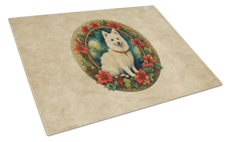 Christmas Flowers Frame Glass Cutting Board (Dog Breed: Japanese Spitz 2382, size: large)
