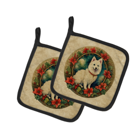 Christmas Flowers Frame Pair of Pot Holders (Design: Japanese Spitz 2382, size: 7.5HX7.5W)
