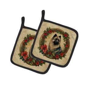 Christmas Flowers Frame Pair of Pot Holders (Design: Keeshond 2383, size: 7.5HX7.5W)