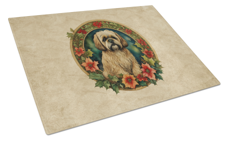 Christmas Flowers Frame Glass Cutting Board (Dog Breed: Lhasa Apso 2392, size: large)