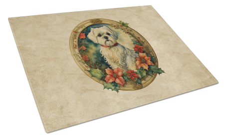 Christmas Flowers Frame Glass Cutting Board (Dog Breed: Maltese 2393, size: large)