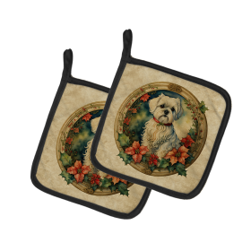 Christmas Flowers Frame Pair of Pot Holders (Design: Maltese 2393, size: 7.5HX7.5W)