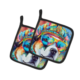 Hippie Dawg Pair of Pot Holders (Design: Akita 2450, size: 7.5HX7.5W)