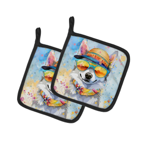 Hippie Dawg Pair of Pot Holders (Design: Alaskan Klee Kai 2451, size: 7.5HX7.5W)