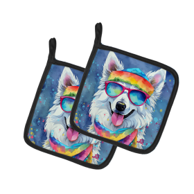 Hippie Dawg Pair of Pot Holders (Design: American Eskimo 2453, size: 7.5HX7.5W)