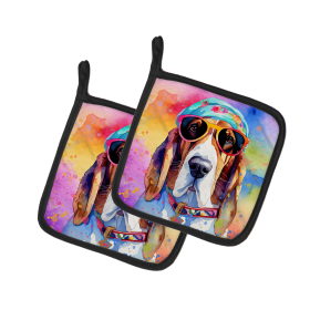 Hippie Dawg Pair of Pot Holders (Design: Basset Hound 2454, size: 7.5HX7.5W)