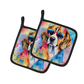 Hippie Dawg Pair of Pot Holders (Design: Beagle 2455, size: 7.5HX7.5W)