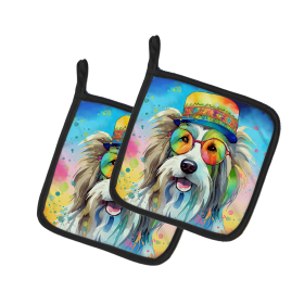 Hippie Dawg Pair of Pot Holders (Design: Bearded Collie 2457, size: 7.5HX7.5W)