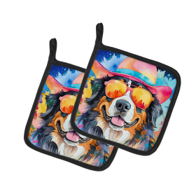 Hippie Dawg Pair of Pot Holders (Design: Bernese Mountain Dog 2459, size: 7.5HX7.5W)