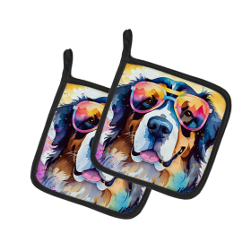 Hippie Dawg Pair of Pot Holders (Design: Bernese Mountain Dog 2460, size: 7.5HX7.5W)