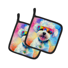 Hippie Dawg Pair of Pot Holders (Design: Bichon Frise 2462, size: 7.5HX7.5W)