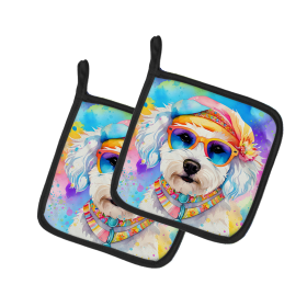 Hippie Dawg Pair of Pot Holders (Design: Bichon Frise 2465, size: 7.5HX7.5W)