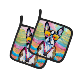 Hippie Dawg Pair of Pot Holders (Design: Boston Terrier 2467, size: 7.5HX7.5W)