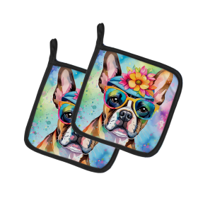Hippie Dawg Pair of Pot Holders (Design: Boston Terrier 2468, size: 7.5HX7.5W)