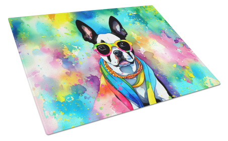 Hippie Dawg Glass Cutting Board (Dog Breed: Boston Terrier 2469, size: large)
