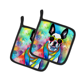 Hippie Dawg Pair of Pot Holders (Design: Boston Terrier 2469, size: 7.5HX7.5W)