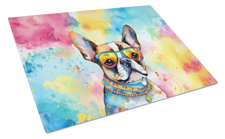 Hippie Dawg Glass Cutting Board (Dog Breed: Boston Terrier 2470, size: large)