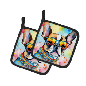 Hippie Dawg Pair of Pot Holders (Design: Boston Terrier 2470, size: 7.5HX7.5W)