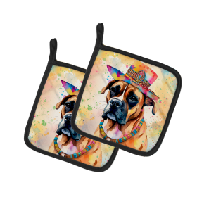 Hippie Dawg Pair of Pot Holders (Design: Boxer 2471, size: 7.5HX7.5W)