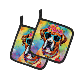 Hippie Dawg Pair of Pot Holders (Design: Boxer 2472, size: 7.5HX7.5W)