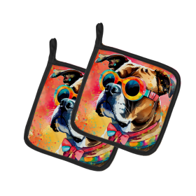 Hippie Dawg Pair of Pot Holders (Design: Boxer 2473, size: 7.5HX7.5W)