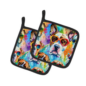 Hippie Dawg Pair of Pot Holders (Design: Boxer 2474, size: 7.5HX7.5W)