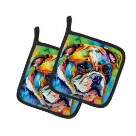 Hippie Dawg Pair of Pot Holders (Design: English Bulldog 2475, size: 7.5HX7.5W)