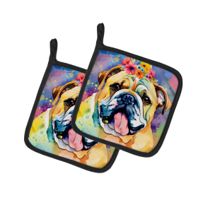 Hippie Dawg Pair of Pot Holders (Design: English Bulldog 2476, size: 7.5HX7.5W)