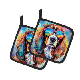 Hippie Dawg Pair of Pot Holders (Design: Cavalier Spaniel 2483, size: 7.5HX7.5W)