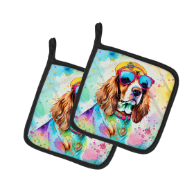Hippie Dawg Pair of Pot Holders (Design: Cavalier Spaniel 2484, size: 7.5HX7.5W)