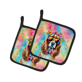 Hippie Dawg Pair of Pot Holders (Design: Cavalier Spaniel 2486, size: 7.5HX7.5W)