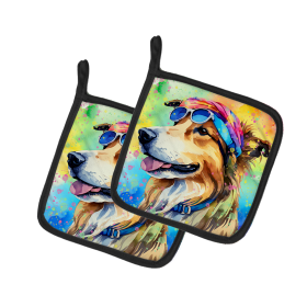 Hippie Dawg Pair of Pot Holders (Design: Collie 2494, size: 7.5HX7.5W)