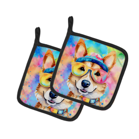 Hippie Dawg Pair of Pot Holders (Design: Corgi 2495, size: 7.5HX7.5W)