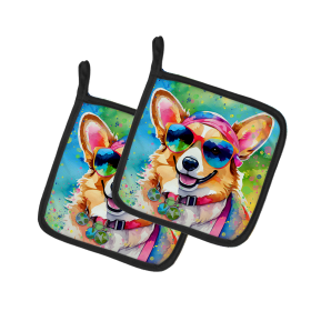 Hippie Dawg Pair of Pot Holders (Design: Corgi 2496, size: 7.5HX7.5W)