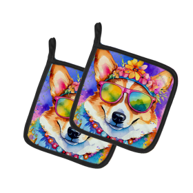 Hippie Dawg Pair of Pot Holders (Design: Corgi 2497, size: 7.5HX7.5W)