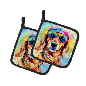 Hippie Dawg Pair of Pot Holders (Design: Dachshund 2498, size: 7.5HX7.5W)