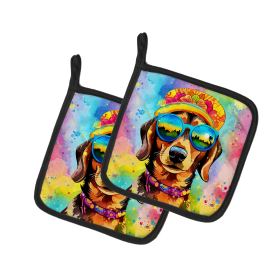 Hippie Dawg Pair of Pot Holders (Design: Dachshund 2499, size: 7.5HX7.5W)