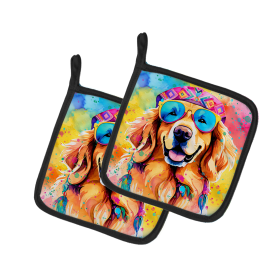 Hippie Dawg Pair of Pot Holders (Design: Golden Retriever 2512, size: 7.5HX7.5W)