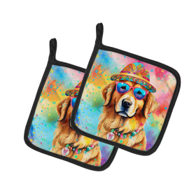 Hippie Dawg Pair of Pot Holders (Design: Golden Retriever 2514, size: 7.5HX7.5W)