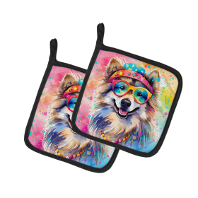 Hippie Dawg Pair of Pot Holders (Design: Keeshond 2519, size: 7.5HX7.5W)