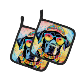 Hippie Dawg Pair of Pot Holders (Design: Labrador Black 2522, size: 7.5HX7.5W)