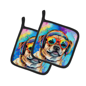 Hippie Dawg Pair of Pot Holders (Design: Pug 2543, size: 7.5HX7.5W)